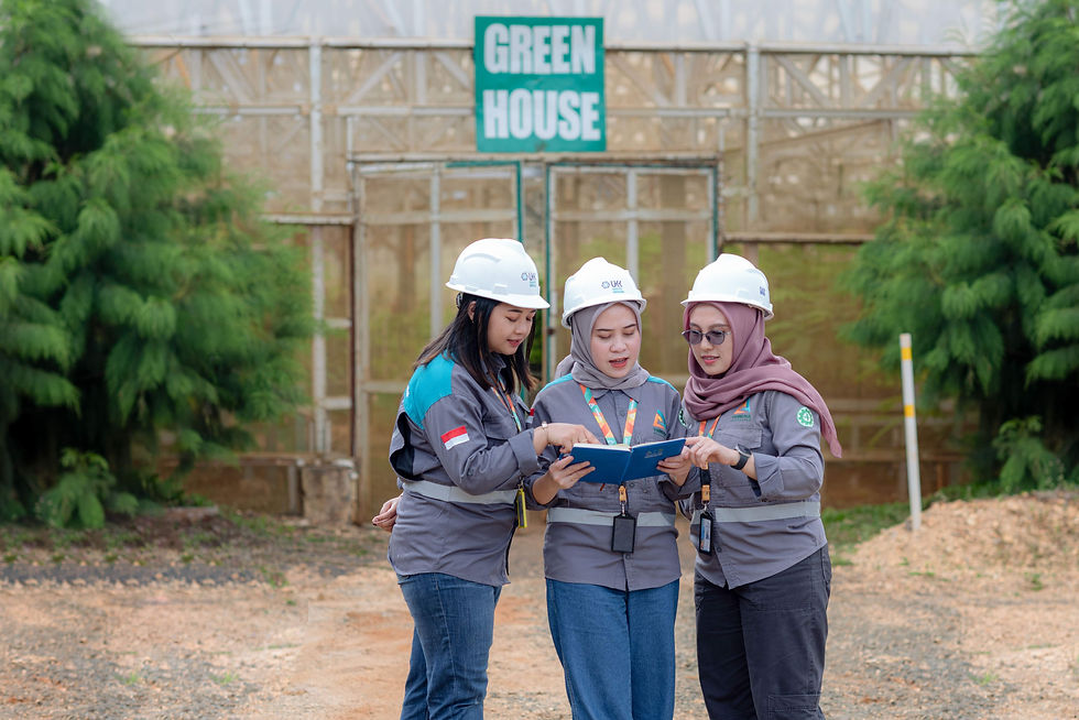 Three engineers reviewing plans for greenhouse sustainability