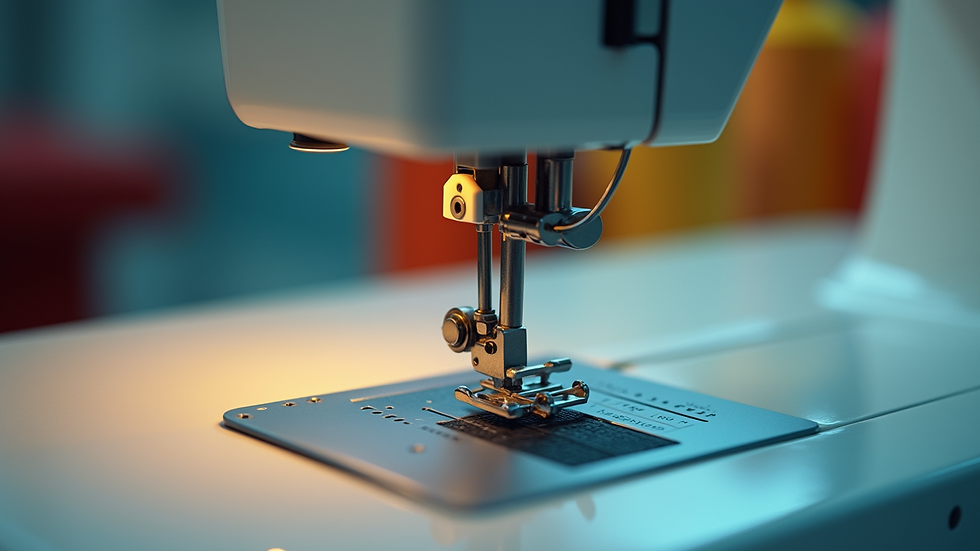 Eye-level view of a sewing machine with colorful threads