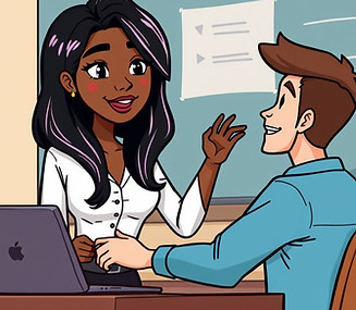cartoon version- black teacher with long black hair and highlights teaching a male college