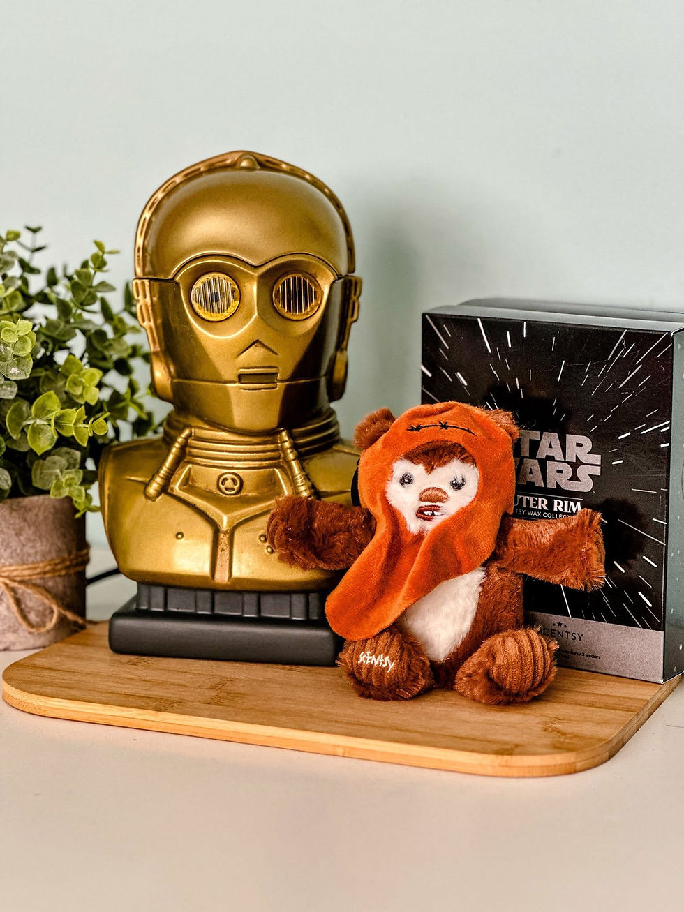 Scentsy Star Wars Kollektion mit C-3PO, Ewok Buddy Clip und Outer Rim Duftlampe auf einem Regal, umgeben von einer grünen Pflanze