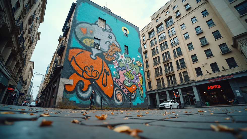 Eye-level view of a large urban mural on a city building