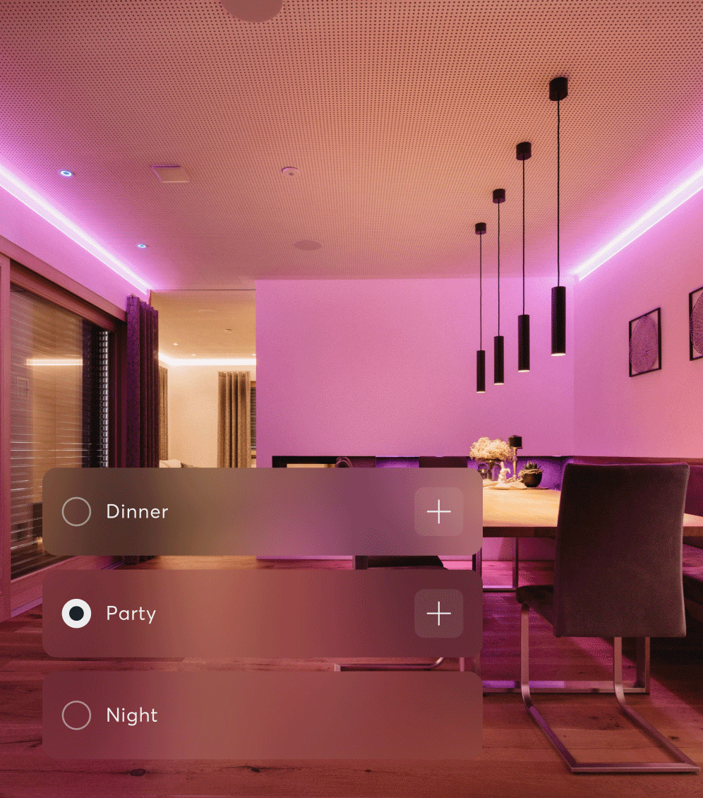 Smart home interior with ambient lighting and voice-controlled automation
