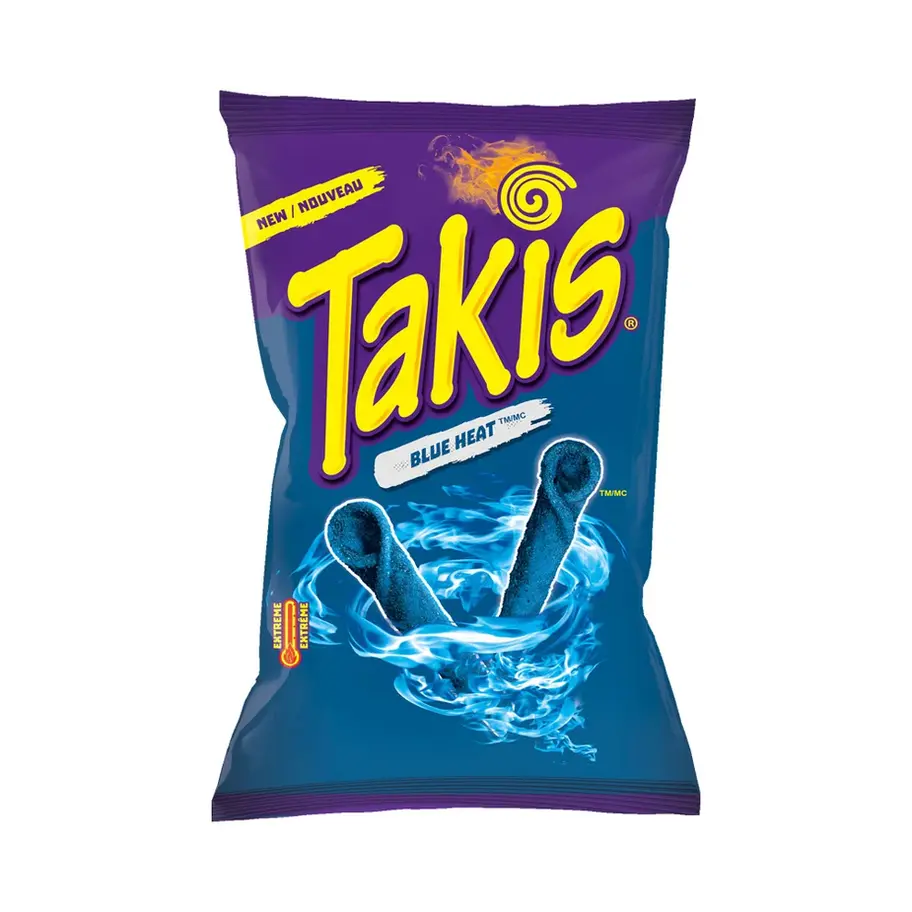 Takis Blue Heat 9.9 OZ (280.7G), rolled tortilla chips with bold spicy blue chili flavor.