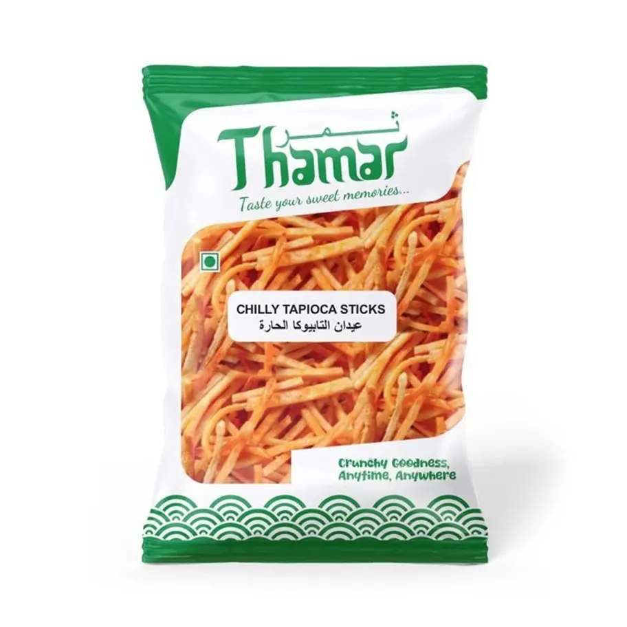 Thamar Chilli Tapioca Sticks 150 GM – crispy, spicy tapioca snack with bold chili flavor.