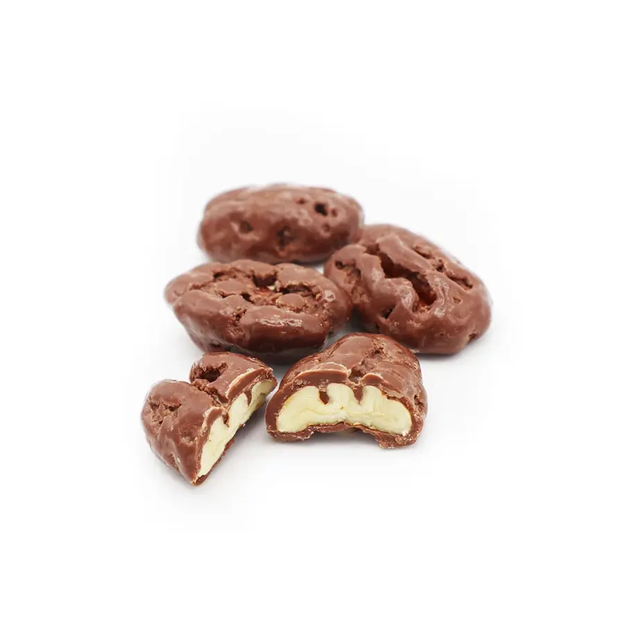 Milk Chocolate Coated Pecans – premium roasted pecans covered in smooth, creamy milk chocolate.