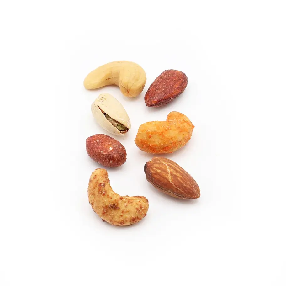 Savory mix nuts premium blend of spicy cashews, BBQ almonds, cheese cashews, and salted pistachios.