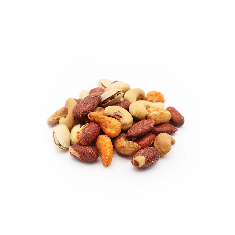 Savory mix nuts premium blend of spicy cashews, BBQ almonds, cheese cashews, and salted pistachios.