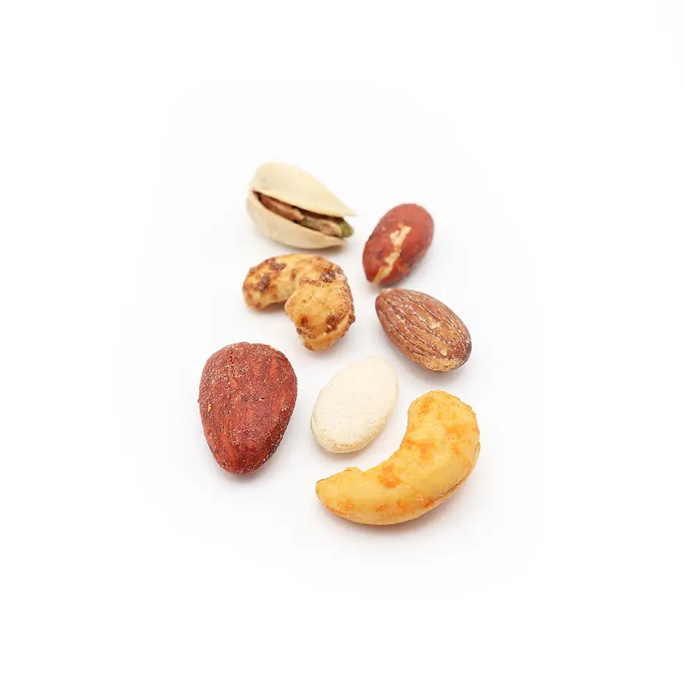 Premium Arabic mix nuts premium blend of salted pistachios, BBQ almonds, cheese cashews, and spicy peanuts.