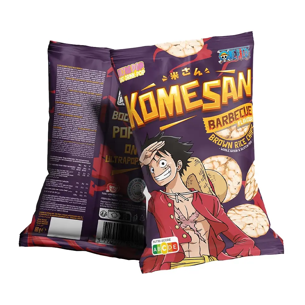 Komesan Rice Chips Barbecue - Luffy, 60 G bag, crispy rice chips with smoky barbecue flavor.
