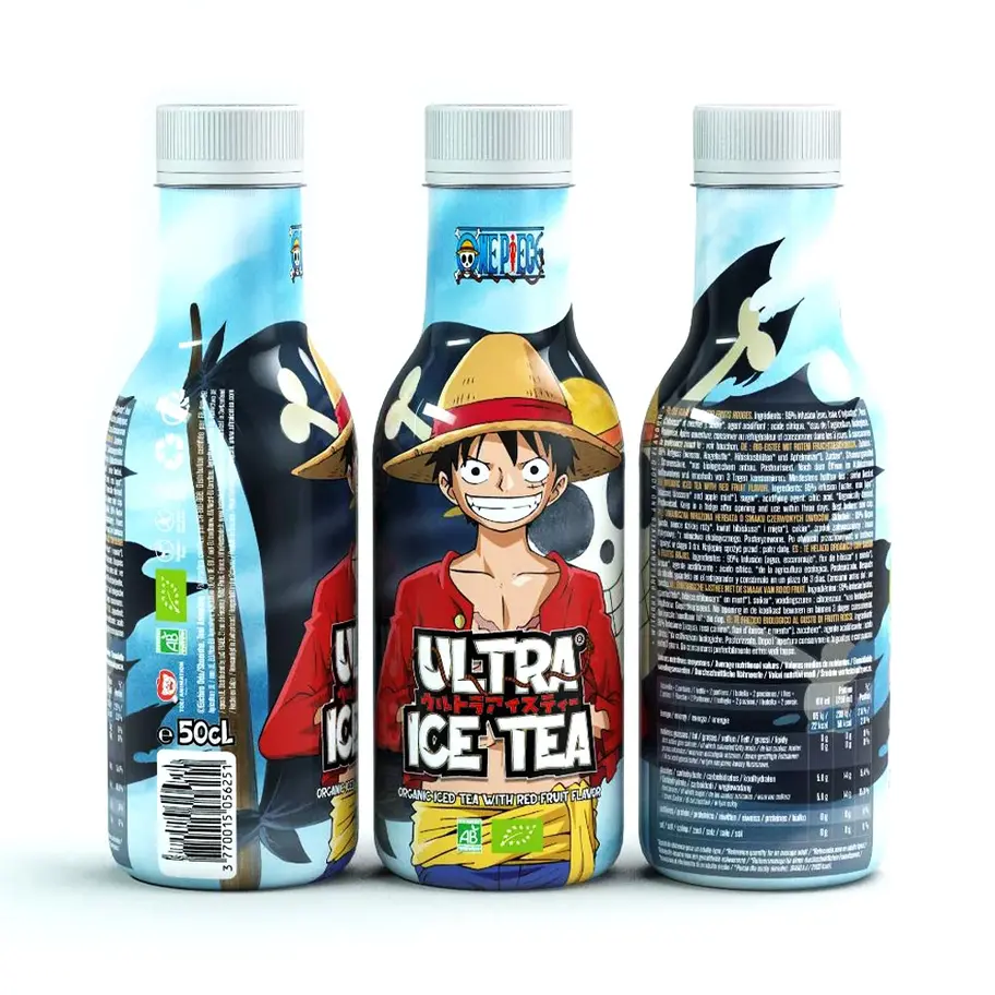 Ultra Ice Tea - One Piece - Luffy, 500 ml bottle, organic red fruit-flavored iced tea.