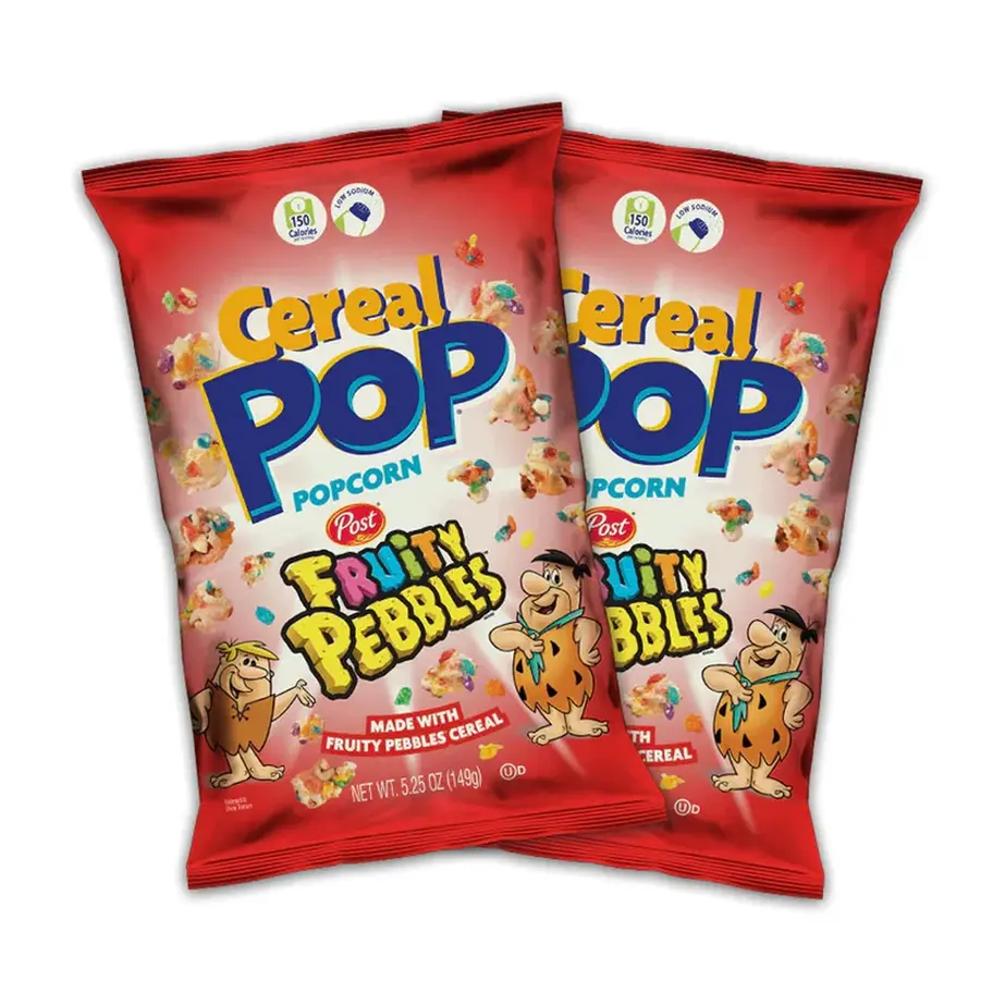 Cereal Pop Fruity Pebbles 2 x 5.25 OZ (149 G each), popcorn coated with vibrant fruity cereal flavor.