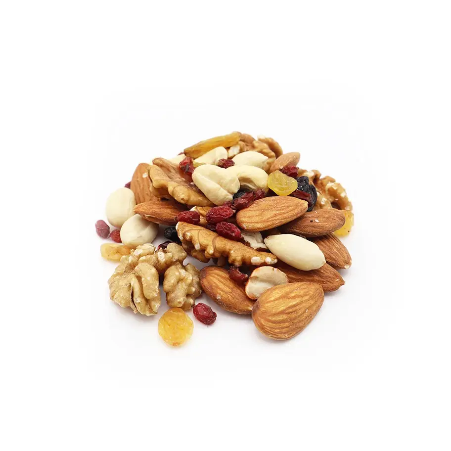 Raw mix nuts and dried fruits blend of walnuts, almonds, cashews, peanuts, raisins, and barberries.