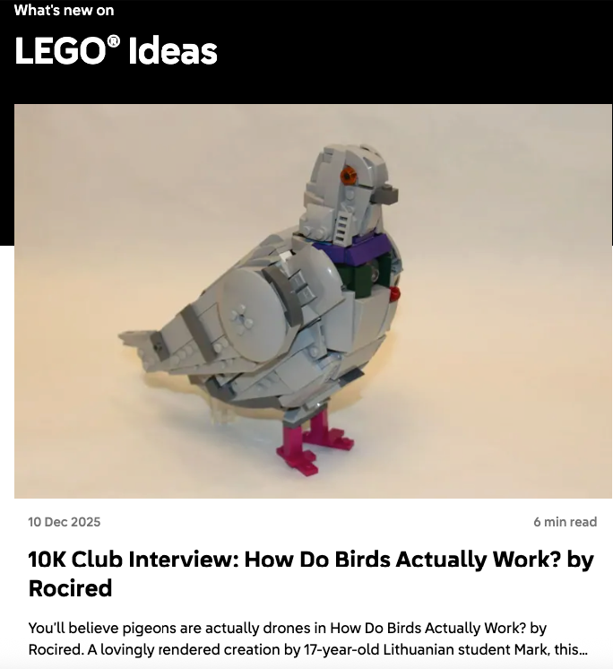 A screenshot of the Lego Ideas page, featuring a pigeon made of legos