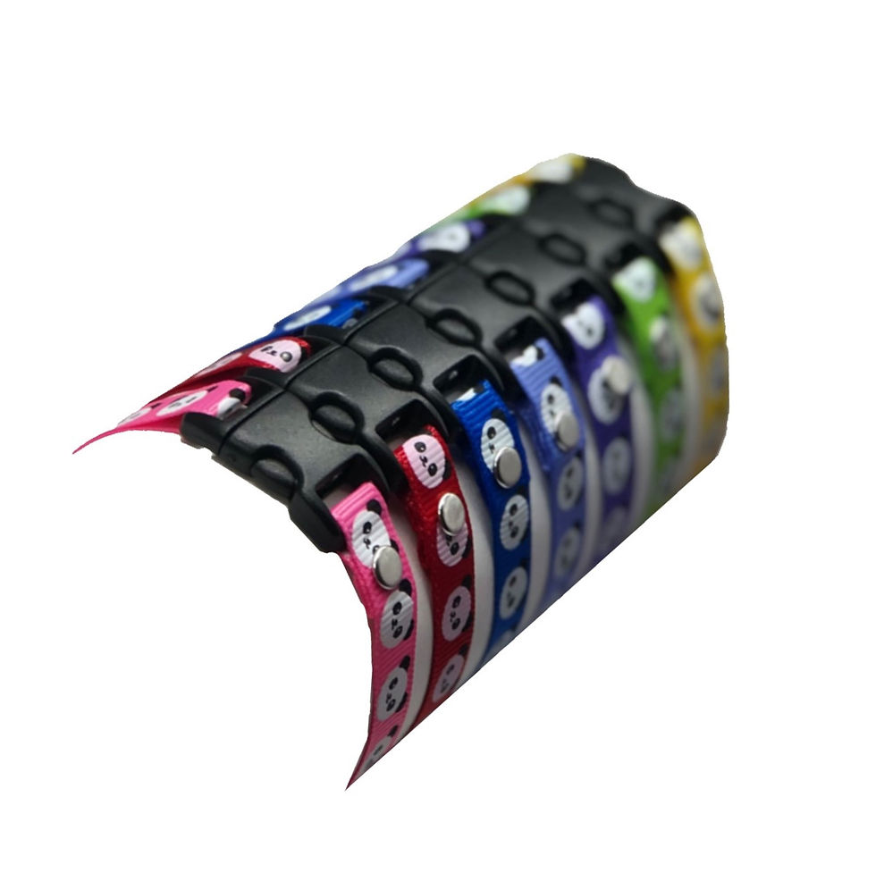 Puppy whelping id collars with panda faces sold by Posh Pets Boutique