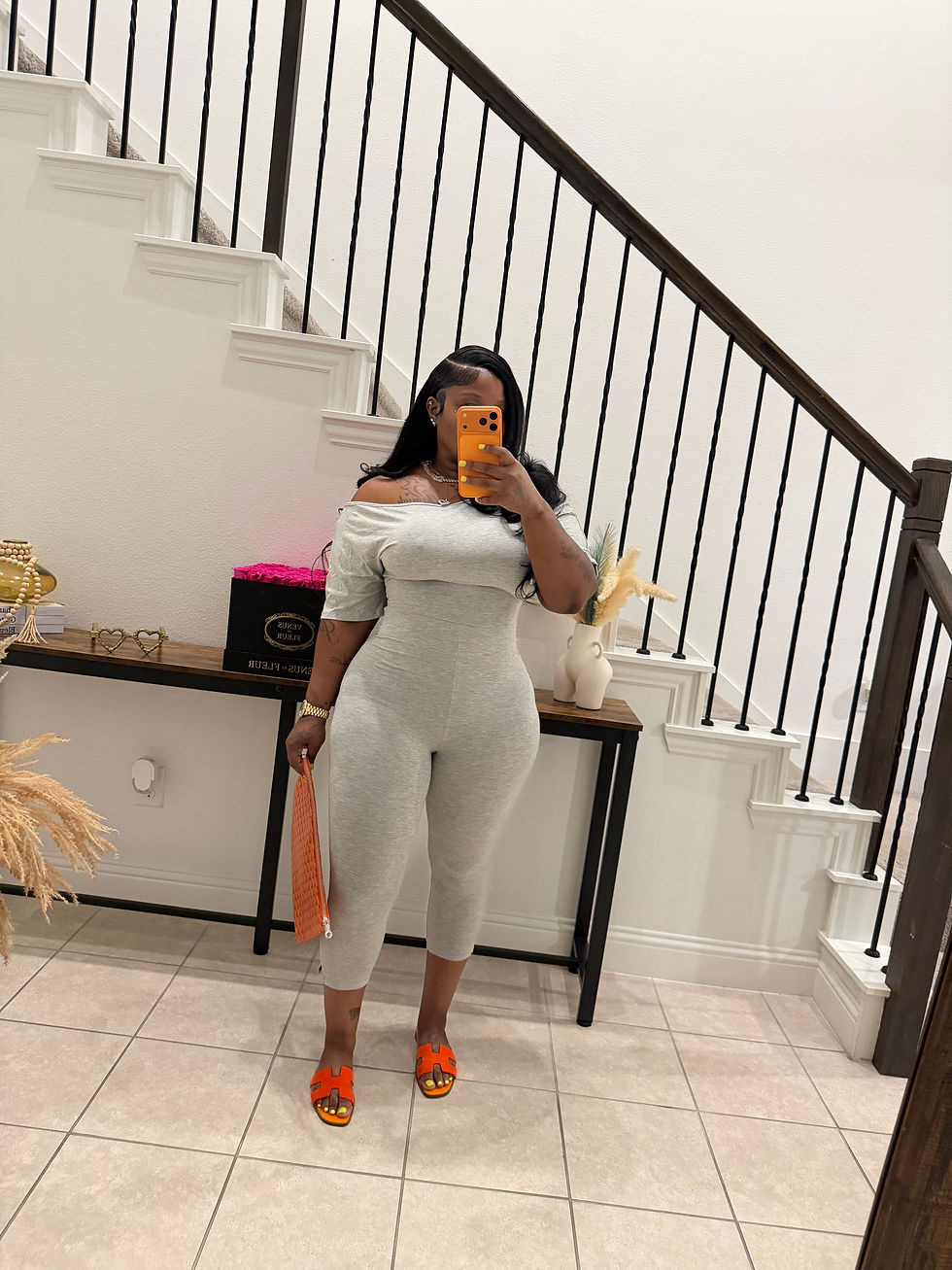 Thumbnail: Grey jumpsuit off the shoulder 