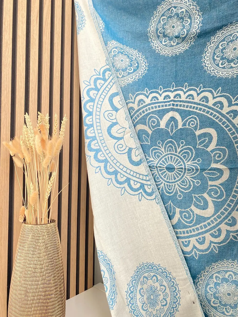 Thumbnail: Blue and white patterned Zeugma Turkish Towel decorates a wooden background with a vase.