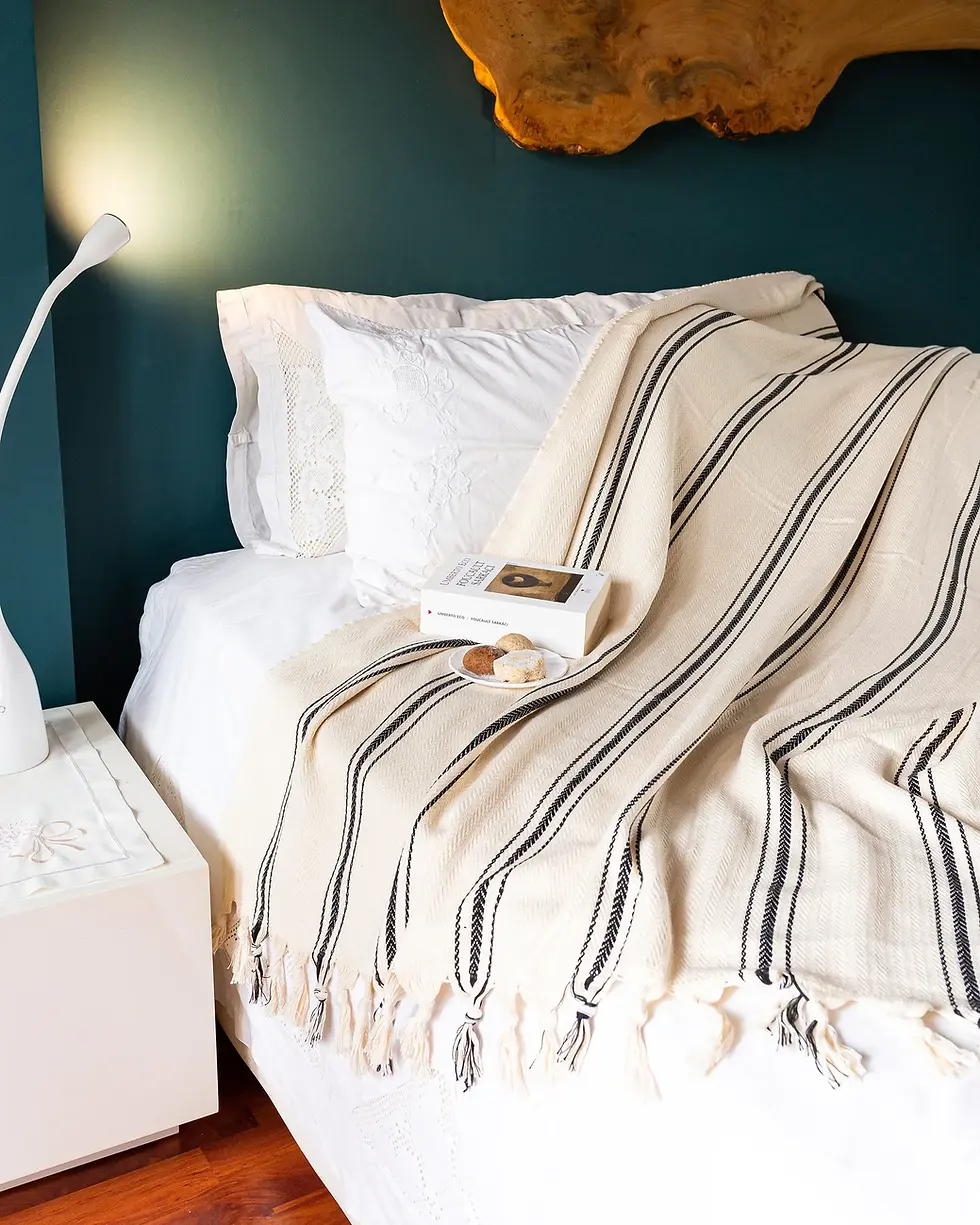 Thumbnail: Bed with white sheets and Stripe Blanket, book, and soft lighting.