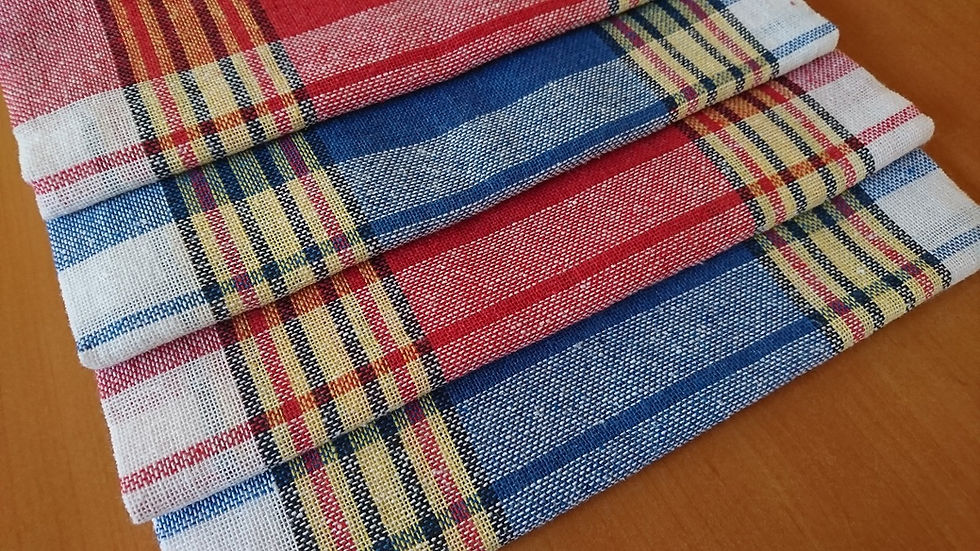 Thumbnail: Close-up of colorful striped Turkish towels, red and blue. Peshtemal Concept.