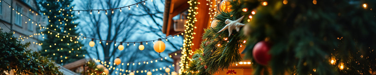 A warm and happy Christmas market filled with lights, hand-made gifts, and holiday snacks.