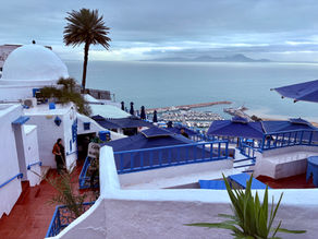 Sidi Bou Saïd est en quelque sorte à la Tunisie ce que le village de Santorin est à la Grèce (où je ne suis pas encore allé). Situé sur une colline surplombant le golf de Tunis, ce petit bourg d'à peine 7,000 habitants n'a d'autres attraits que la vue imprenable et la couleur de ses bâtiments bicolores. Peu d'hôtels, restos ou terrasses, mais une kyrielle de boutiques souvenirs et petites galeris d'art telle qu'il se doit pour le demi million de visiteurs qui s'y rend annuellement.