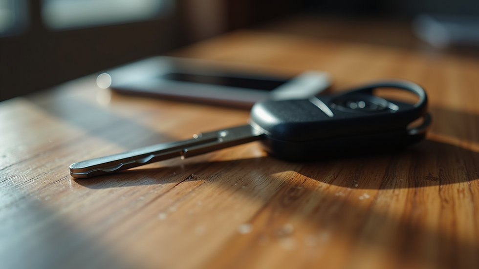 Close-up view of a car key on a wooden table