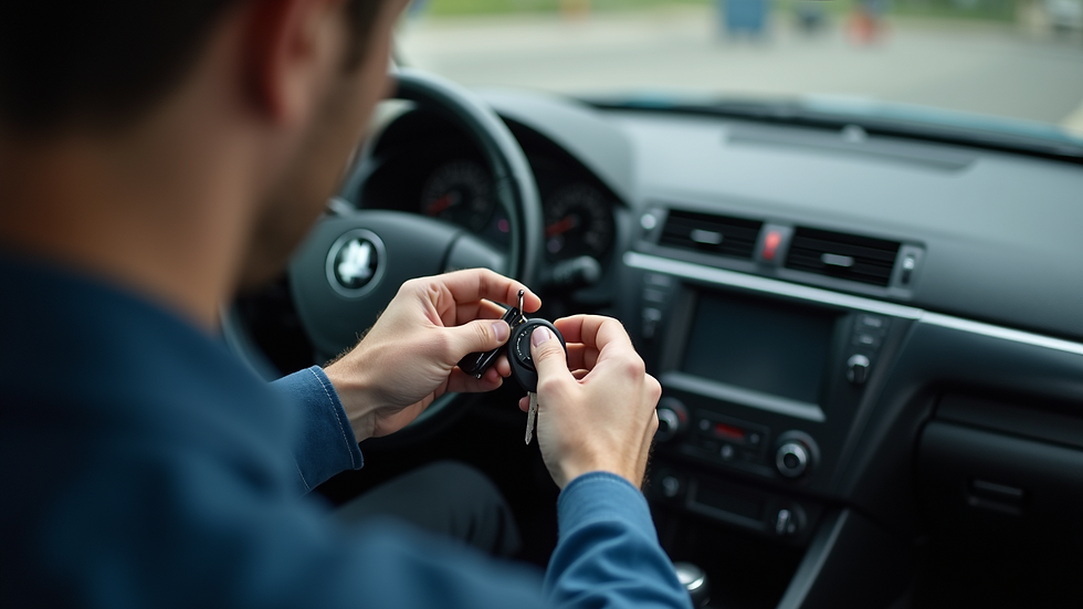 High angle view of a locksmith programming a car key
