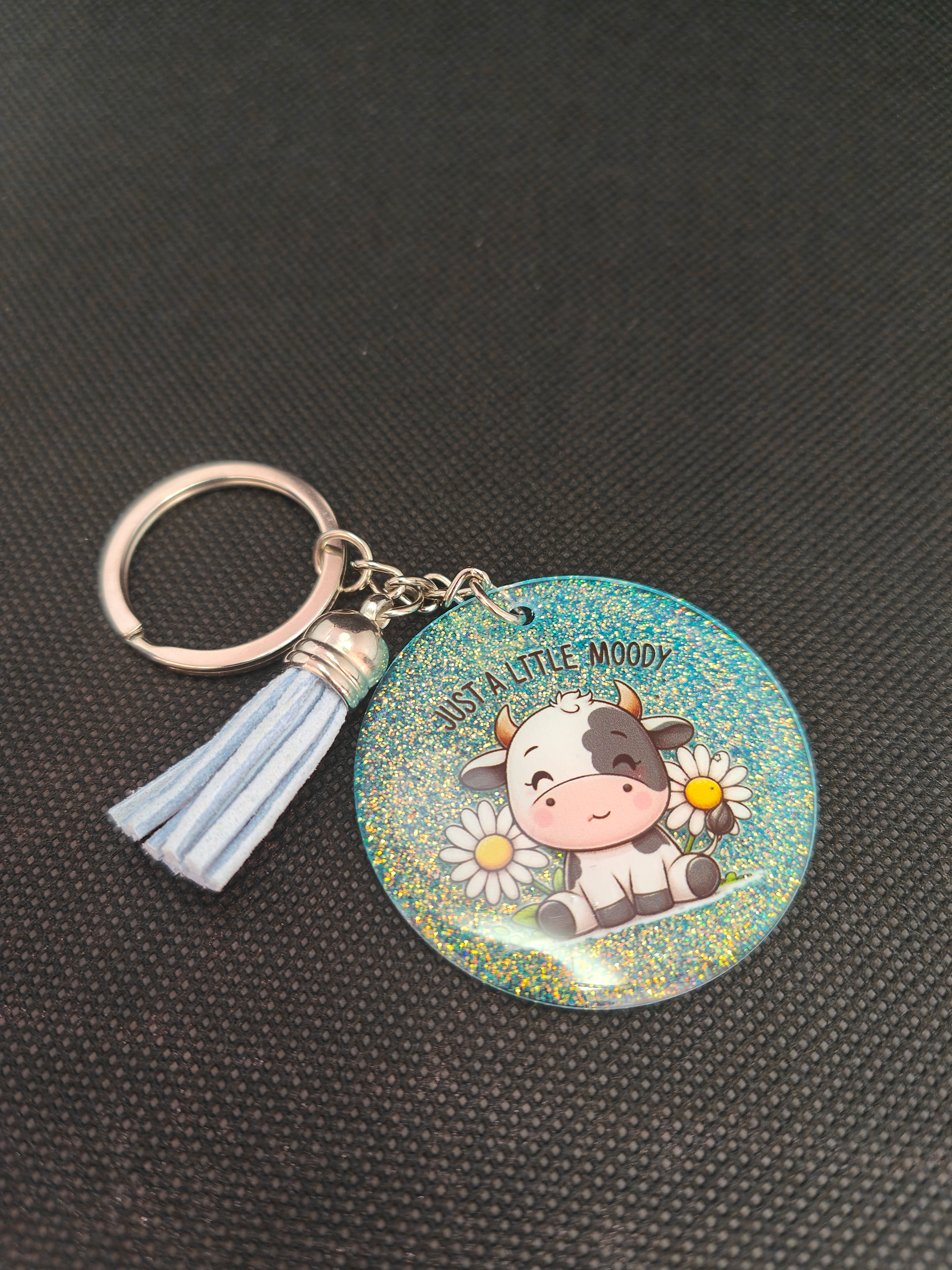 KC- Blue Glitter Moody- Acrylic Disc Key Chain