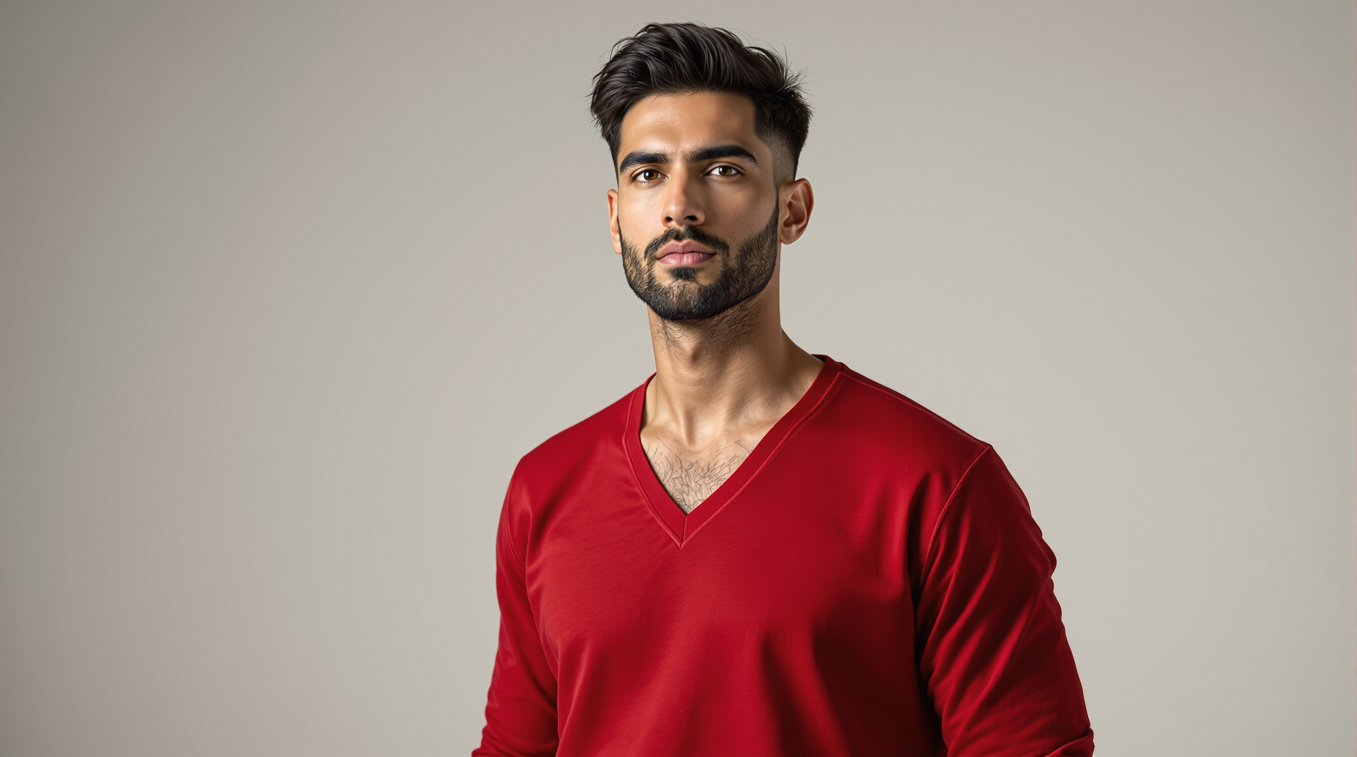 Camiseta Masculina de Manga Longa Decote V - Vermelha