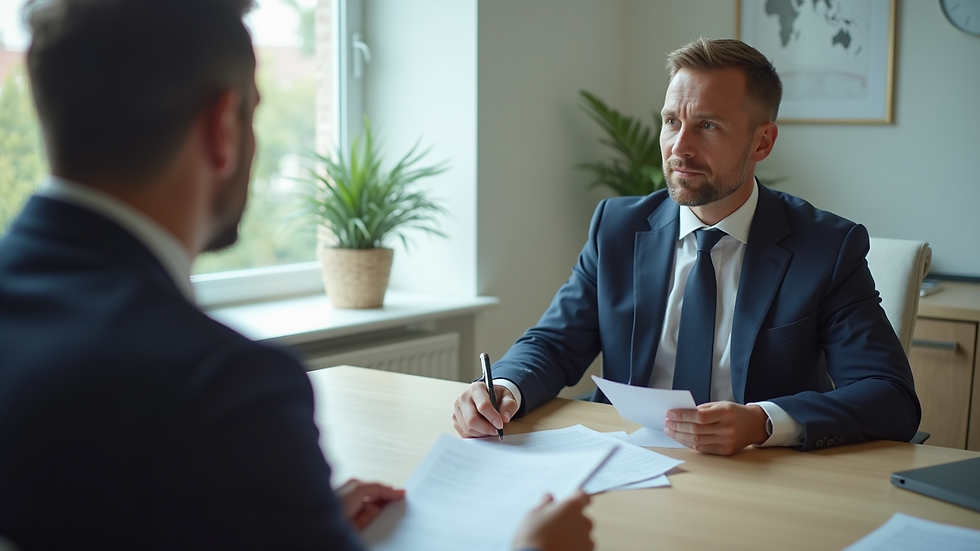 Vue en plongée d'un conseiller financier expliquant un contrat d'assurance vie à un couple