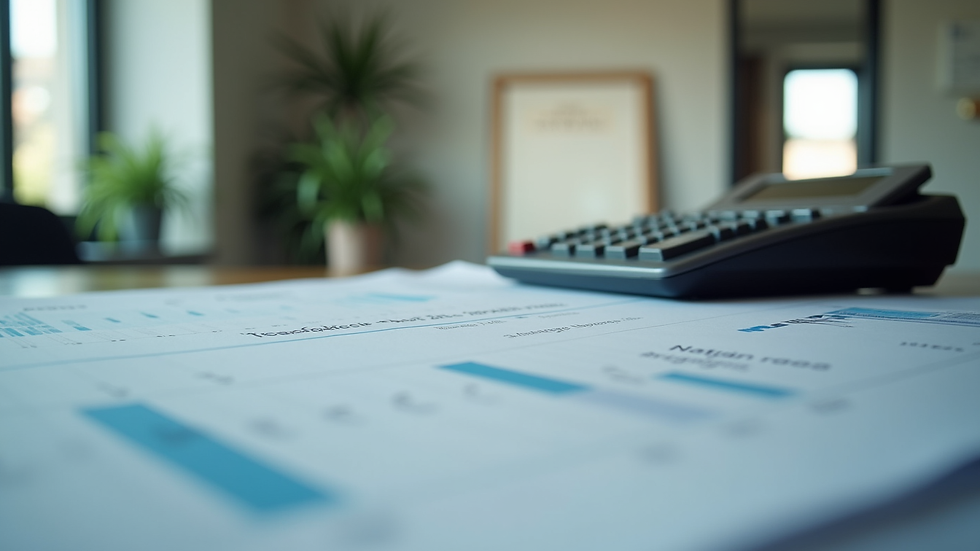 Vue en plongée d’un bureau avec des documents financiers et une calculatrice