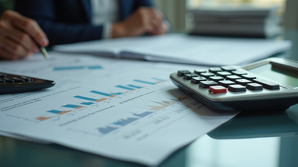Vue en plongée d'un bureau avec des documents financiers et une calculatrice