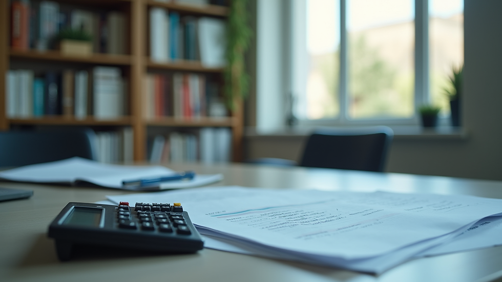 Vue en plongée d’un bureau avec documents financiers et calculatrice