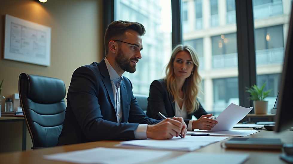 Vue en plongée d’un bureau avec un conseiller financier et un client discutant de documents