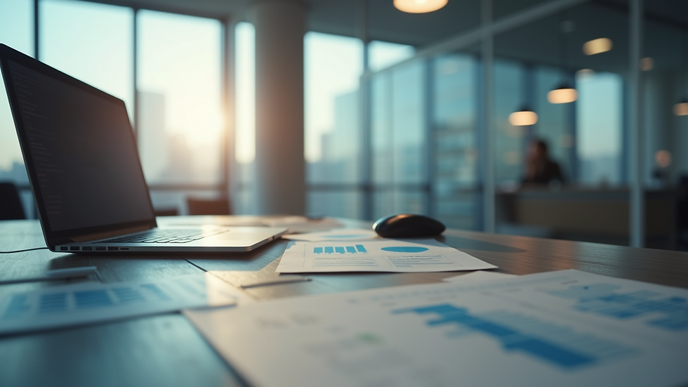 Vue en plongée d’un bureau avec un ordinateur affichant des graphiques financiers