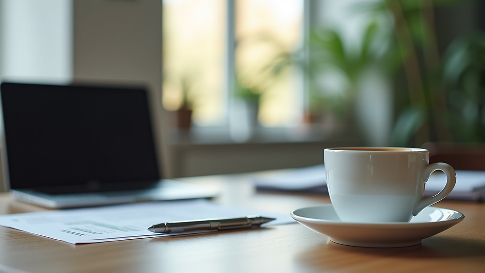 Vue en plongée d’un bureau avec un ordinateur portable, des documents financiers et une tasse de café