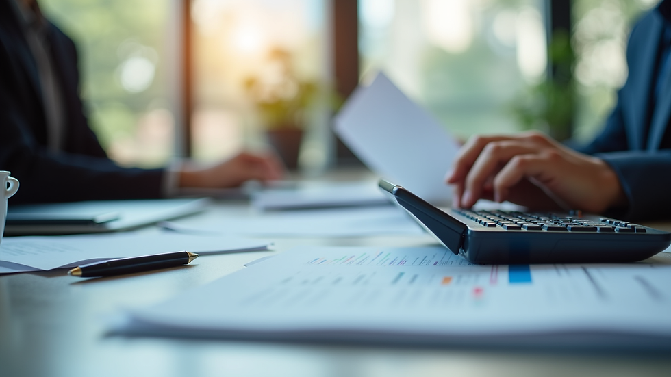 Vue en plongée d’un bureau avec calculatrice, documents financiers et ordinateur portable