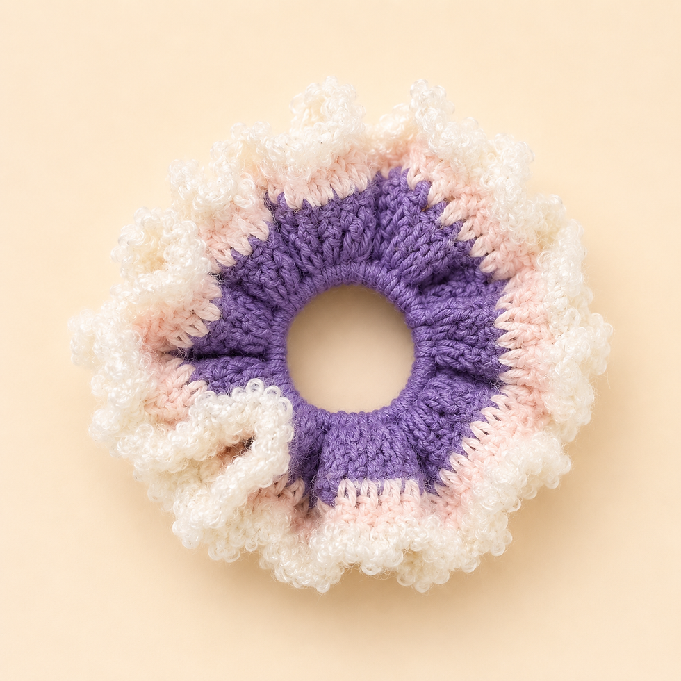 Purple pink and white handmade ruffle scrunchie crochet hair accessory