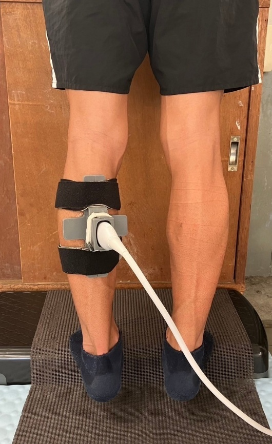 Posterior view of lower legs during ultrasound assessment with probe secured over calf to evaluate muscle and fascial movement