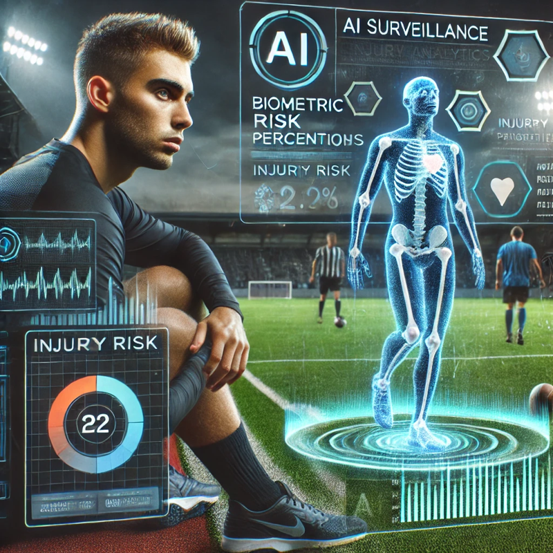 A digital depiction of AI-driven sports injury surveillance. A soccer player sits on the sidelines while a futuristic biometric interface displays injury risk analytics, skeleton tracking, and predictive health data.