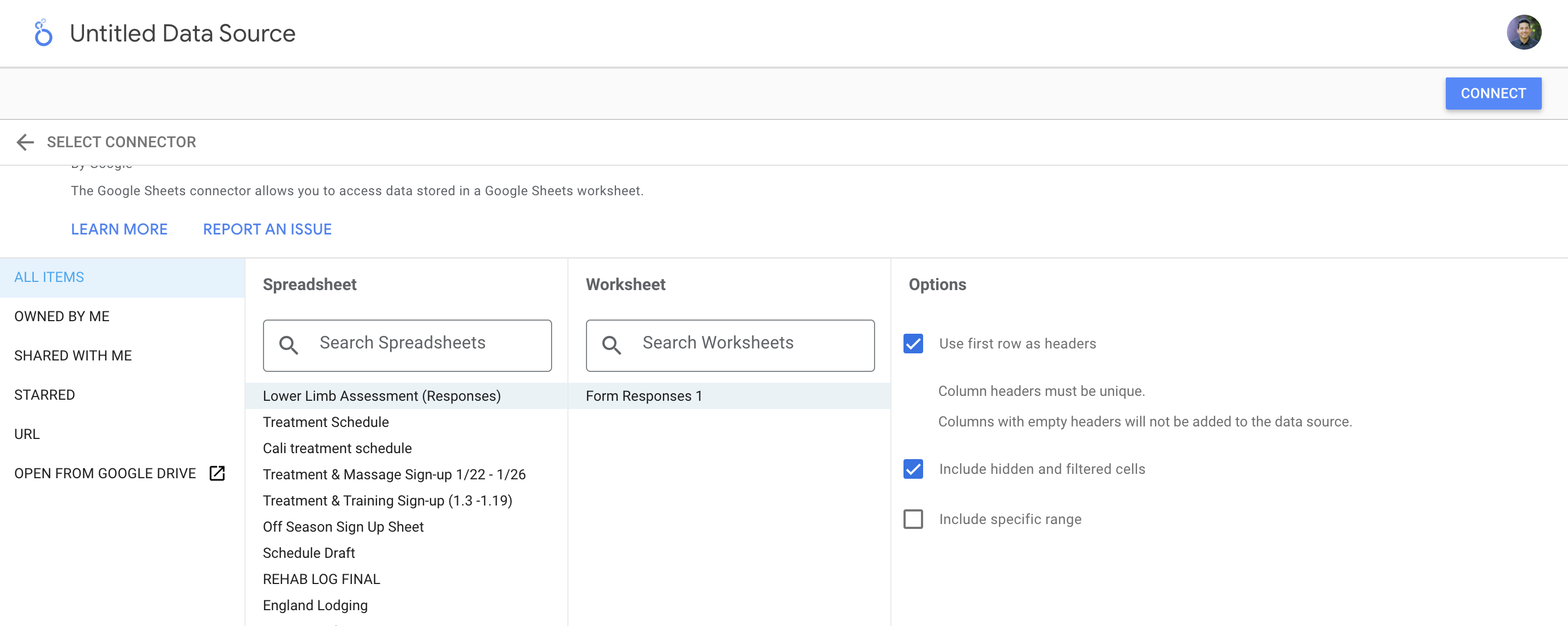Screenshot of the Google Looker Studio interface displaying available connectors for integrating data sources. The image highlights various Google connectors, including Looker, Google Sheets, Google Analytics, Google Ads, BigQuery, and more, demonstrating the flexibility and range of data sources that can be connected to create dynamic and interactive dashboards.