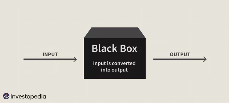 A simple diagram illustrating the Black Box concept in AI, showing an input going into a black box where data is processed, and an output emerging without transparency in decision-making.