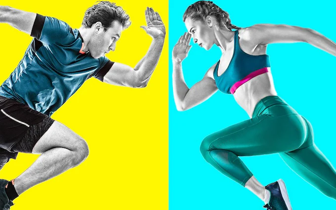 A split-image of a male and female athlete in dynamic sprinting poses, highlighting gender representation in sports performance and recovery.
