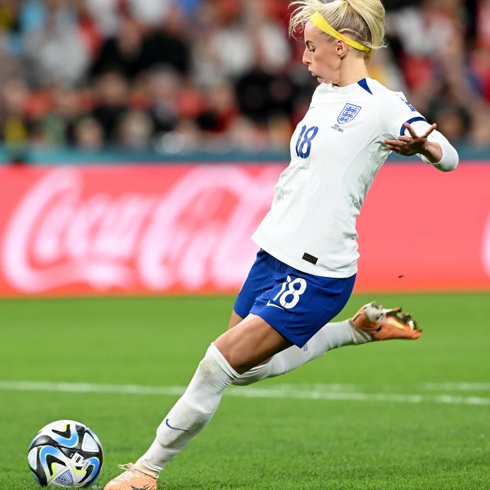 Elite soccer player striking a ball with hip flexion and knee extension, a common mechanism for proximal rectus femoris injuries.