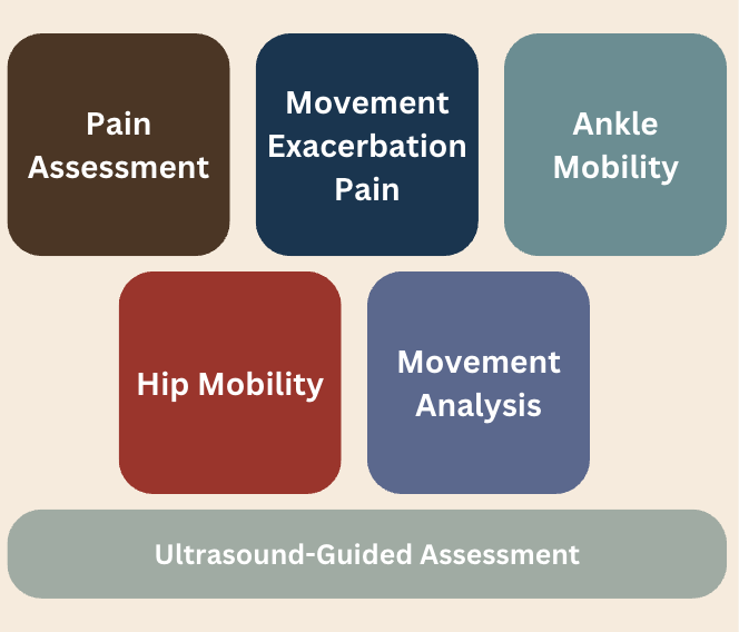 An infographic depicting the five pillars of patient-reported outcome measures in tendon health assessment, including Pain Assessment, Movement Exacerbation Pain, Ankle Mobility, Hip Mobility, and Movement Analysis. At the bottom, it highlights the foundational role of Ultrasound-Guided Assessment.