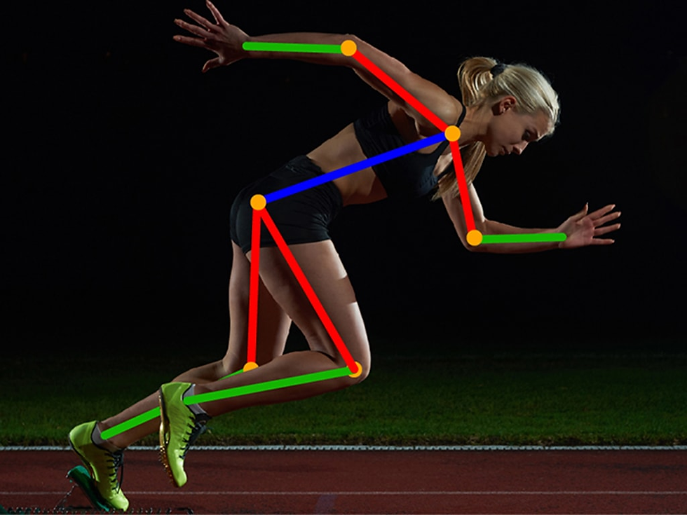 A female athlete in mid-sprint with AI-generated motion tracking overlays. Colored lines and joint markers analyze biomechanics, showcasing AI-driven movement assessment for injury prevention.