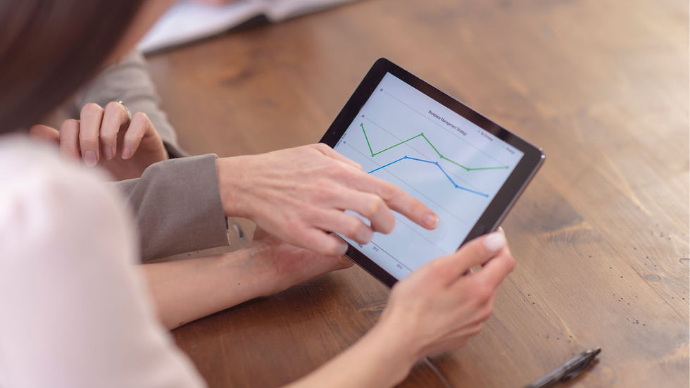 woman looking at milestone tracking data on a tablet computer at an office in charlotte nc