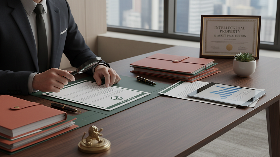 Close-up view of a person analyzing trademark documents on a desk