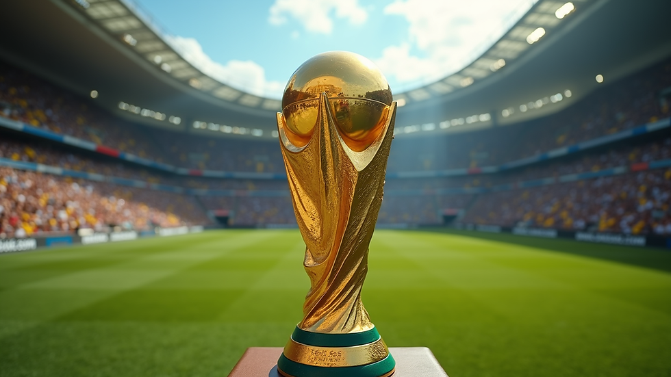 Eye-level view do troféu oficial da Copa do Mundo em exposição