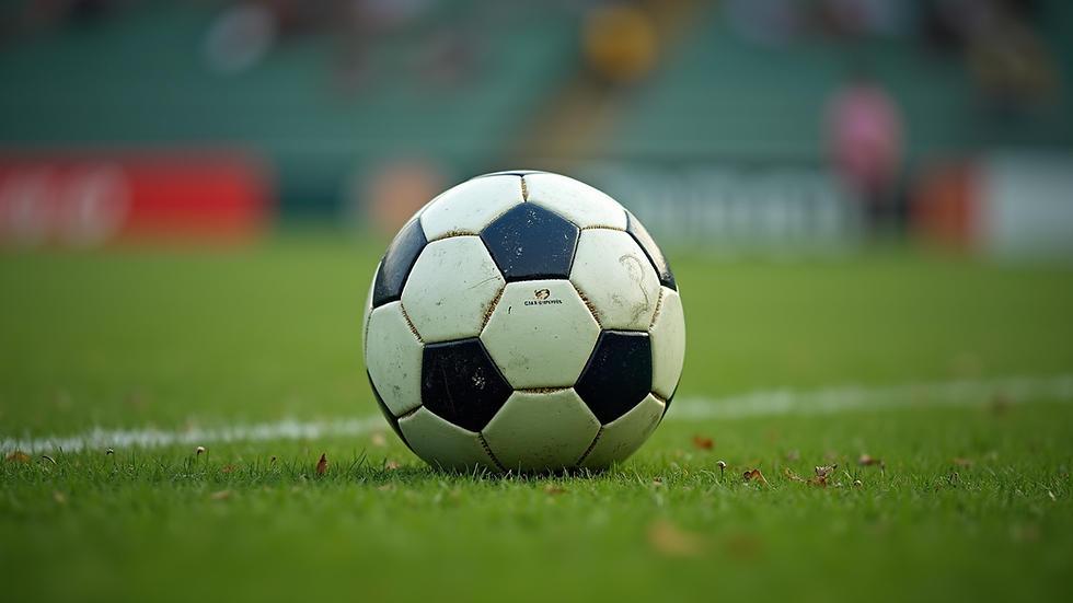 Close-up de uma bola de futebol genérica sobre gramado verde