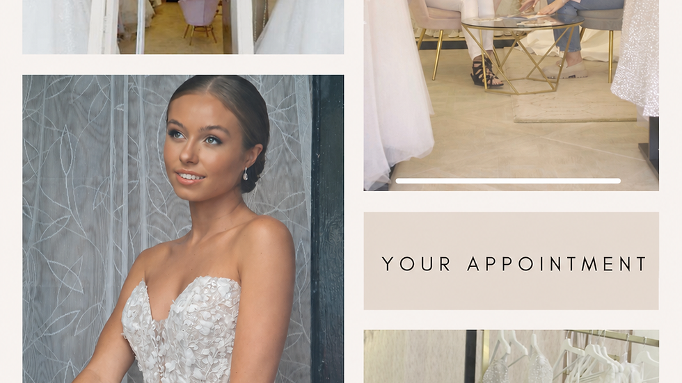 Eye-level view of a bridal boutique showcasing elegant wedding gowns on display